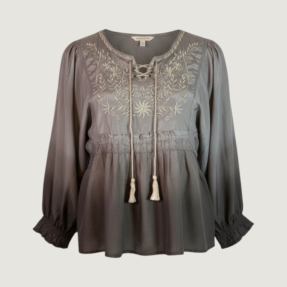 VAC Grey Ombre Embroidered Peasant Blouse Lace Up Cottagecore Tassel Smocked  S